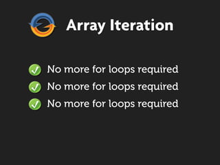 Array Iteration

No more for loops required
No more for loops required
No more for loops required
 