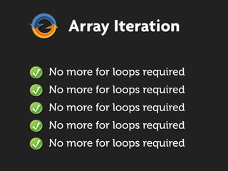 Array Iteration

No more for loops required
No more for loops required
No more for loops required
No more for loops required
No more for loops required
 