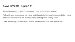 Governments - Option #1:
Keep the operation as is (i.e appearance of legitimate company)
Talk with your sponsor government and allocate (a lot more) resource to buy more
than usual items from the market to secure long-term supply chain
Take advantage of the current market situation and hire new researchers
 