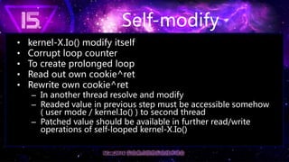 Self-modify
• kernel-X.Io() modify itself
• Corrupt loop counter
• To create prolonged loop
• Read out own cookie^ret
• Re...