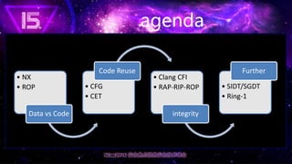 agenda
• NX
• ROP
Data vs Code
• CFG
• CET
Code Reuse
• Clang CFI
• RAP-RIP-ROP
integrity
• SIDT/SGDT
• Ring-1
Further
 