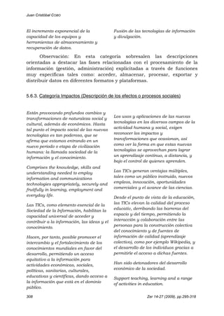Juan Cristóbal COBO
308 Zer 14-27 (2009), pp.295-318
El incremento exponencial de la
capacidad de los equipos y
herramientas de almacenamiento y
recuperación de datos.
Fusión de las tecnologías de información
y divulgación.
Observación: En esta categoría sobresalen las descripciones
orientadas a destacar las fases relacionadas con el procesamiento de la
información (gestión, administración) explicitadas a través de funciones
muy específicas tales como: acceder, almacenar, procesar, exportar y
distribuir datos en diferentes formatos y plataformas.
5.6.3. Categoría Impactos (Descripción de los efectos o procesos sociales)
Están provocando profundos cambios y
transformaciones de naturaleza social y
cultural, además de económicos. Hasta
tal punto el impacto social de las nuevas
tecnologías es tan poderoso, que se
afirma que estamos entrando en un
nuevo periodo o etapa de civilización
humana: la llamada sociedad de la
información y el conocimiento.
Comprises the knowledge, skills and
understanding needed to employ
information and communications
technologies appropriately, securely and
fruitfully in learning, employment and
everyday life.
Las TICs, como elemento esencial de la
Sociedad de la Información, habilitan la
capacidad universal de acceder y
contribuir a la información, las ideas y el
conocimiento.
Hacen, por tanto, posible promover el
intercambio y el fortalecimiento de los
conocimientos mundiales en favor del
desarrollo, permitiendo un acceso
equitativo a la información para
actividades económicas, sociales,
políticas, sanitarias, culturales,
educativas y científicas, dando acceso a
la información que está en el dominio
público.
Los usos y aplicaciones de las nuevas
tecnologías en los diversos campos de la
actividad humana y social, exigen
reconocer los impactos y
transformaciones que ocasionan, así
como ver la forma en que estas nuevas
tecnologías se aprovechan para lograr
un aprendizaje continuo, a distancia, y
bajo el control de quienes aprenden.
Las TICs generan ventajas múltiples,
tales como un público instruido, nuevos
empleos, innovación, oportunidades
comerciales y el avance de las ciencias.
Desde el punto de vista de la educación,
las TICs elevan la calidad del proceso
educativ, derribando las barreras del
espacio y del tiempo, permitiendo la
interacción y colaboración entre las
personas para la construcción colectiva
del conocimiento y de fuentes de
información de calidad (aprendizaje
colectivo), como por ejemplo Wikipedia, y
el desarrollo de los individuos gracias a
permitirle el acceso a dichas fuentes.
Han sido detonadores del desarrollo
económico de la sociedad.
Support teaching, learning and a range
of activities in education.
 