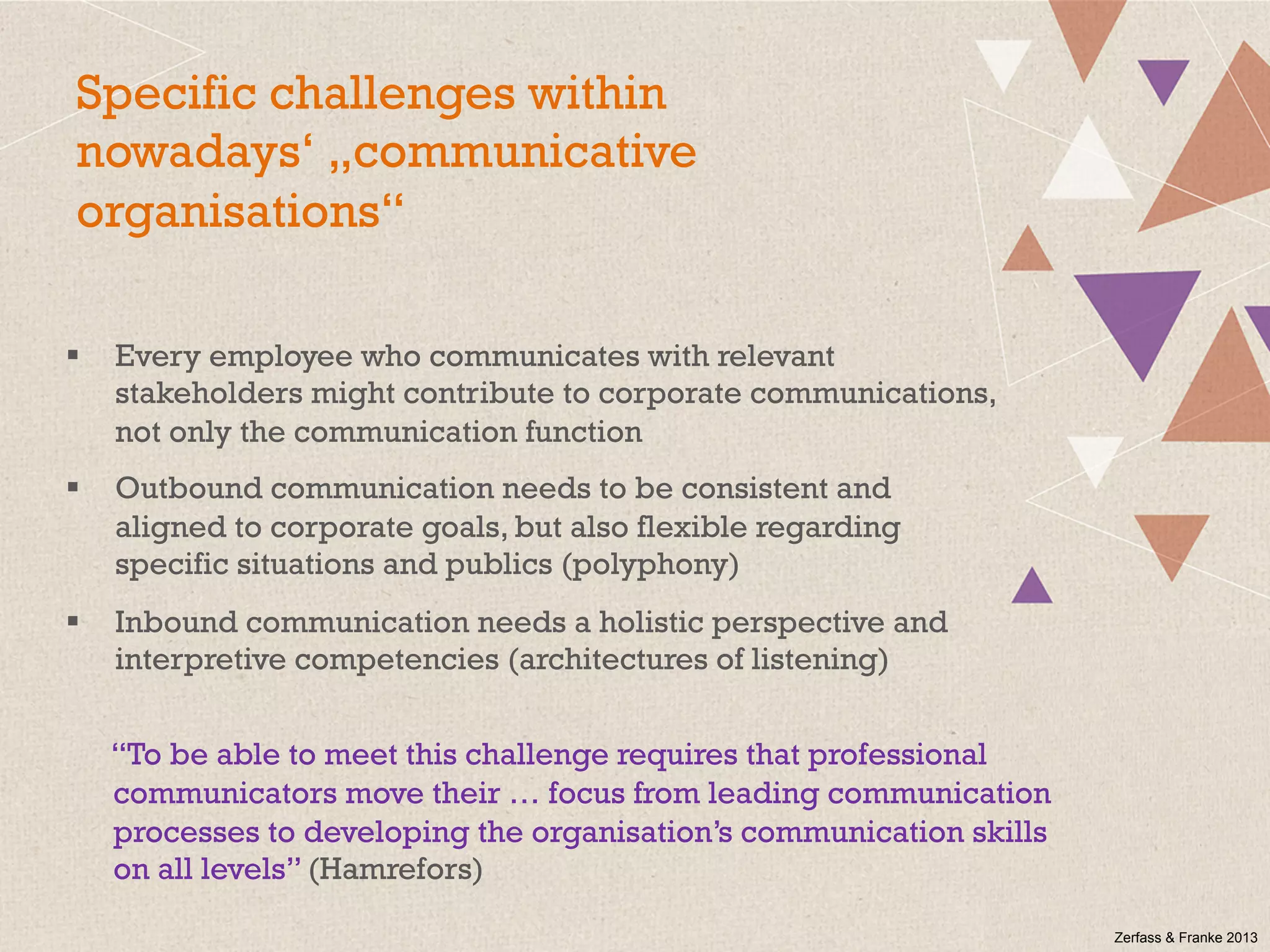 §  Every employee who communicates with relevant
stakeholders might contribute to corporate communications,
not only the communication function
§  Outbound communication needs to be consistent and
aligned to corporate goals, but also flexible regarding
specific situations and publics (polyphony)
§  Inbound communication needs a holistic perspective and
interpretive competencies (architectures of listening)
“To be able to meet this challenge requires that professional
communicators move their … focus from leading communication
processes to developing the organisation’s communication skills
on all levels” (Hamrefors)
Zerfass & Franke 2013
Specific challenges within
nowadays‘ „communicative
organisations“
 