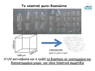 Η UV ακτινοβολία και η τριβή τα διασπούν σε εκατομμύρια και
δισεκατομμύρια μικρο- και νάνο-πλαστικά σωματίδια
Τα πλαστικά φωτο-διασπώνται
1000μm
1000 μm
1,000,000,000
1μm x 1 μm x 1 μm
 