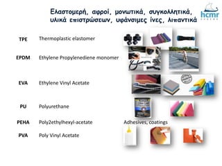 TPE Thermoplastic elastomer
EPDM Ethylene Propylenediene monomer
EVA Ethylene Vinyl Acetate
PU Polyurethane
PEHA Poly2ethylhexyl-acetate Adhesives, coatings
PVA Poly Vinyl Acetate
Ελαστομερή, αφροί, μονωτικά, συγκολλητικά,
υλικά επιστρώσεων, υφάνσιμες ίνες, λιπαντικά
 