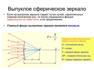 Выпуклое сферическое зеркало
• Если на выпуклое зеркало падает пучок лучей, параллельных
главной оптической оси, то после отражения в фокусе
пересекутся не сами лучи, а их продолжения.
• Главный фокус выпуклого зеркала является мнимым.
Отражение параллельного пучка
лучей от выпуклого зеркала.
O – оптический центр,
P – полюс,
F – мнимый фокус зеркала;
OP – главная оптическая ось,
R – радиус кривизны зеркала.
 