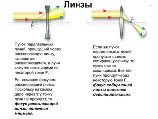 Пучок параллельных
лучей, прошедший через
рассеивающую линзу,
становится
расширяющимся, а лучи
кажутся исходящими из
некоторой точки F.
Ее называют фокусом
рассеивающей линзы.
Поскольку на самом
деле через эту точку
лучи не проходят, то
фокус рассеивающей
линзы является
мнимым.
Если же пучок
параллельных лучей
пропустить сквозь
собирающую линзу, то
пучок станет
сходящимся. Все его
лучи пройдут через
некоторую точку F,
фокус собирающей
линзы является
действительным.
Линзы
 