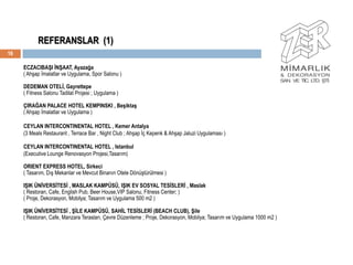 REFERANSLAR (1)
16

     ECZACIBAġI ĠNġAAT, Ayazağa
     ( Ahşap İmalatlar ve Uygulama, Spor Salonu )

     DEDEMAN OTELĠ, Gayrettepe
     ( Fitness Salonu Tadilat Projesi ; Uygulama )

     ÇIRAĞAN PALACE HOTEL KEMPINSKI , BeĢiktaĢ
     ( Ahşap İmalatlar ve Uygulama )

     CEYLAN INTERCONTINENTAL HOTEL , Kemer Antalya
     (3 Meals Restaurant , Terrace Bar , Night Club ; Ahşap İç Kepenk & Ahşap Jaluzi Uygulaması )

     CEYLAN INTERCONTINENTAL HOTEL , Istanbul
     (Executive Lounge Renovasyon Projesi,Tasarım)

     ORIENT EXPRESS HOTEL, Sirkeci
     ( Tasarım, Dış Mekanlar ve Mevcut Binanın Otele Dönüştürülmesi )

     IġIK ÜNĠVERSĠTESĠ , MASLAK KAMPÜSÜ, IġIK EV SOSYAL TESĠSLERĠ , Maslak
     ( Restoran, Cafe, English Pub, Beer House,VIP Salonu, Fitness Center; )
     ( Proje, Dekorasyon, Mobilya; Tasarım ve Uygulama 500 m2 )

     IġIK ÜNĠVERSĠTESĠ , ġĠLE KAMPÜSÜ, SAHĠL TESĠSLERĠ (BEACH CLUB), ġile
     ( Restoran, Cafe, Manzara Terasları, Çevre Düzenleme ; Proje, Dekorasyon, Mobilya; Tasarım ve Uygulama 1000 m2 )
 