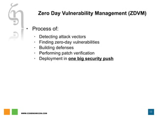 Zero Day Vulnerability Management (ZDVM) Process of: Detecting attack vectors Finding zero-day vulnerabilities Building defenses Performing patch verification Deployment in  one big security push 