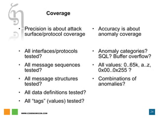 Precision is about attack surface/protocol coverage All interfaces/protocols tested? All message sequences tested? All message structures tested? All data definitions tested? All “tags” (values) tested? Accuracy is about anomaly coverage Anomaly categories? SQL? Buffer overflow? All values: 0..65k, a..z, 0x00..0x255 ? Combinations of anomalies? Coverage 