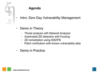 Agenda Intro: Zero Day Vulnerability Management Demo in Theory Threat analysis with Network Analyzer Automated ZD detection with Fuzzing ZD remediation using IDS/IPS Patch verification with known vulnerability data Demo in Practice 