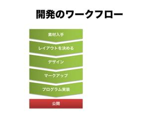 開発のワークフロー
素材入手
レイアウトを決める
デザイン
マークアップ
プログラム実装
公開
 