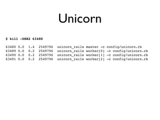 Unicorn
$ kill -QUIT 63480

63521   0.0   1.4   2549796   unicorn_rails   master -c   config/unicorn.rb
63535   0.0   0.2 ...