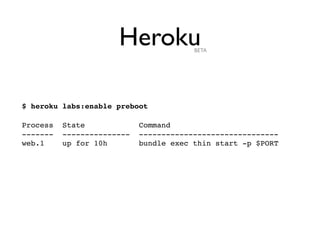 Heroku            BETA




Process   State             Command
-------   ---------------   -------------------------------...