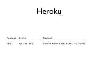 Heroku            BETA




Process   State             Command
-------   ---------------   -------------------------------...