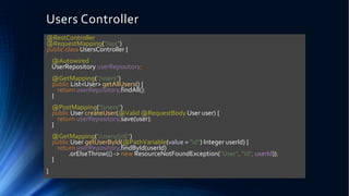 Users Controller
@RestController
@RequestMapping("/api")
public class UsersController {
@Autowired
UserRepository userRepository;
@GetMapping("/users")
public List<User> getAllUsers() {
return userRepository.findAll();
}
@PostMapping("/users")
public User createUser(@Valid @RequestBody User user) {
return userRepository.save(user);
}
@GetMapping("/users/{id}")
public User getUserById(@PathVariable(value = "id") Integer userId) {
return userRepository.findById(userId)
.orElseThrow(() -> new ResourceNotFoundException("User", "id", userId));
}
}
 