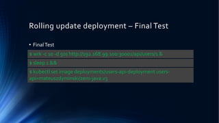 Rolling update deployment – Final Test
• FinalTest
$ wrk -c 10 -d 50s http://192.168.99.100:30001/api/users/1 &
$ kubectl set image deployments/users-api-deployment users-
api=mateuszdyminski/zero-java:v3
$ sleep 1 &&
 