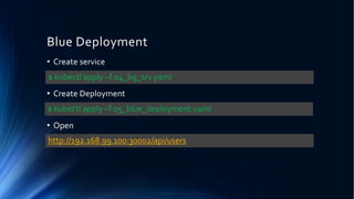 Blue Deployment
• Create service
• Create Deployment
• Open
$ kubectl apply –f 04_bg_srv.yaml
$ kubectl apply –f 05_blue_deployment.yaml
http://192.168.99.100:30002/api/users
 