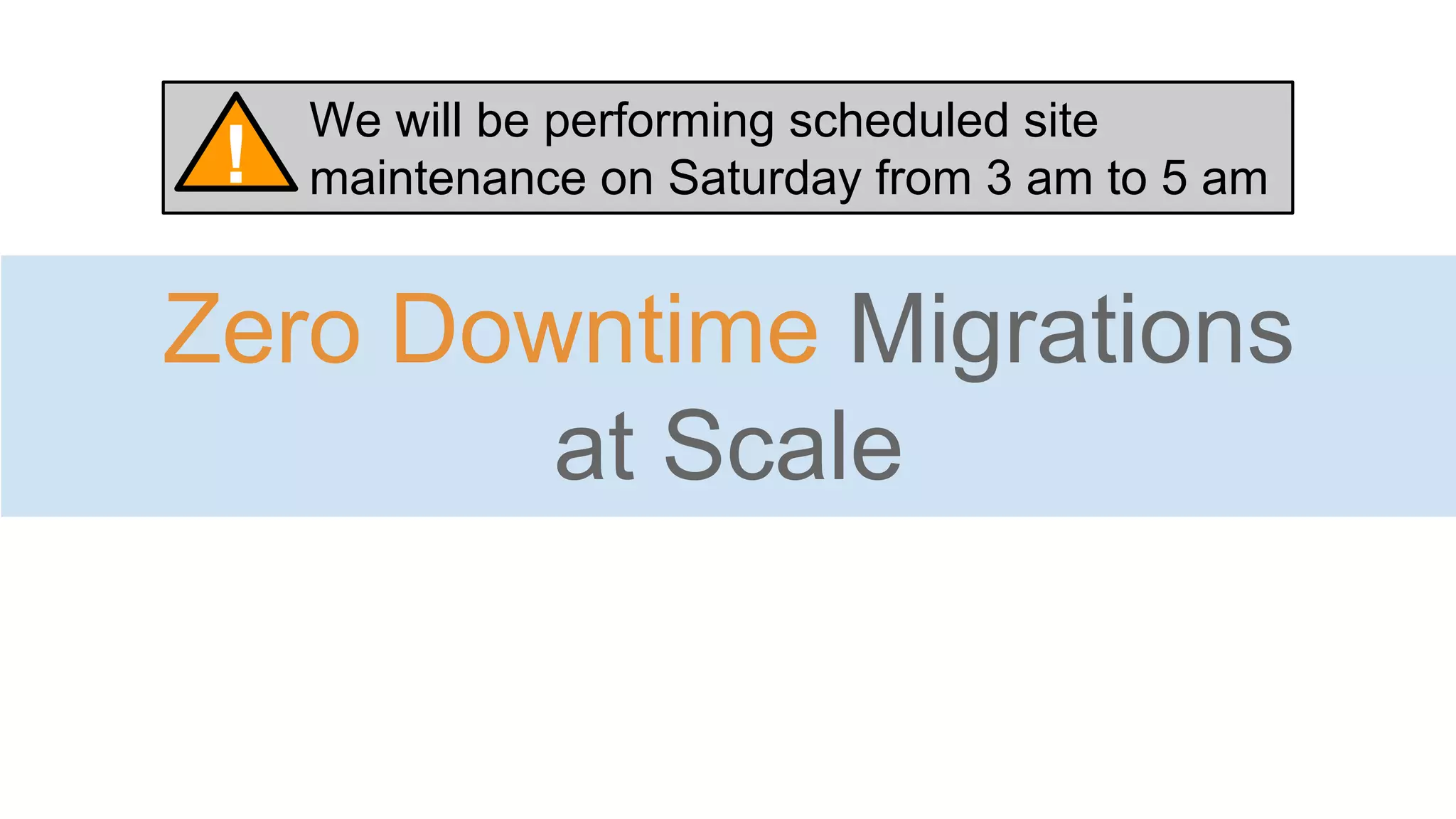 Zero Downtime Migrations
at Scale
We will be performing scheduled site
maintenance on Saturday from 3 am to 5 am!
 