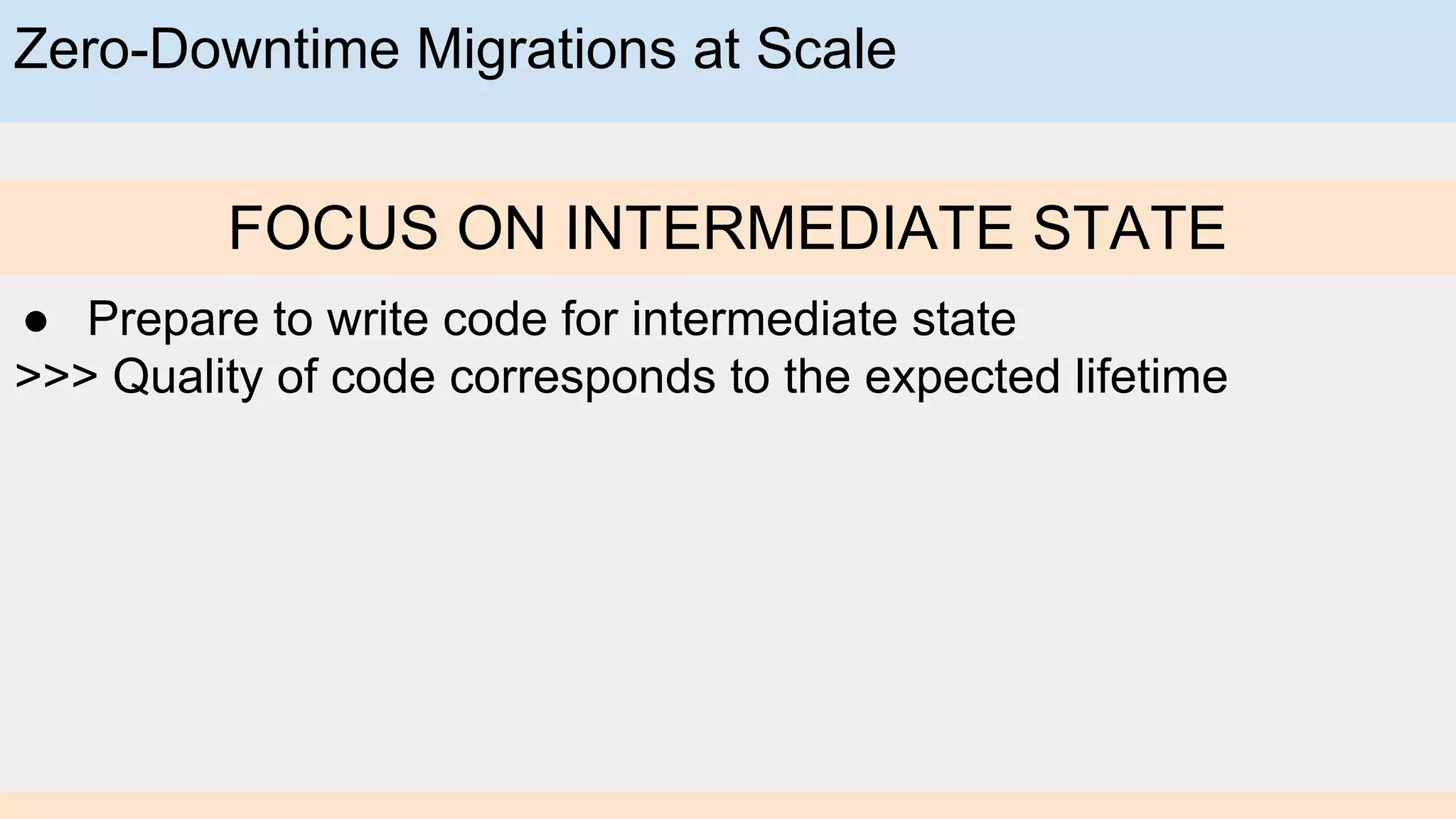 Zero-Downtime Migrations at Scale
FOCUS ON INTERMEDIATE STATE
● Prepare to write code for intermediate state
>>> Quality of code corresponds to the expected lifetime
 