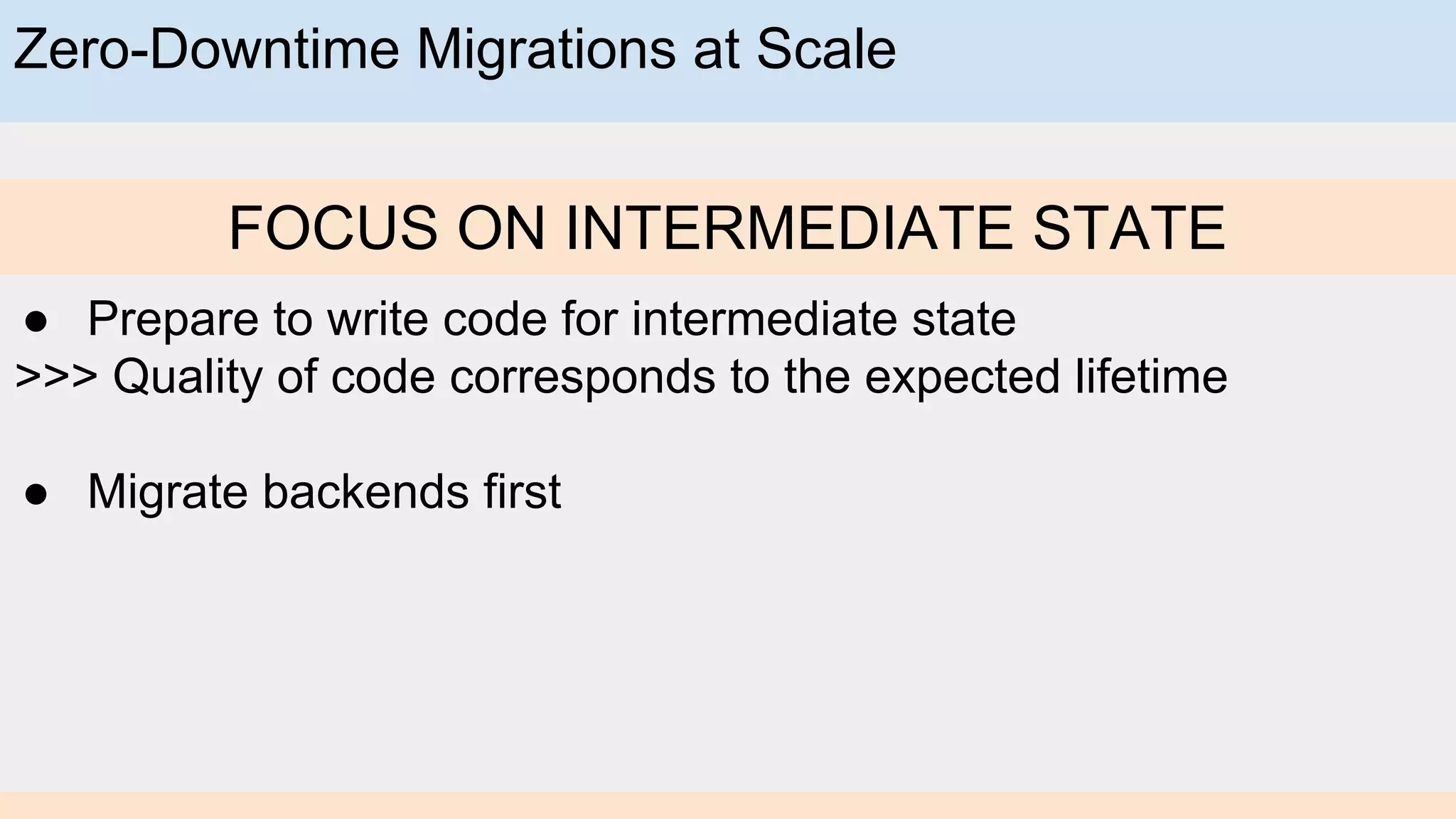 Zero-Downtime Migrations at Scale
FOCUS ON INTERMEDIATE STATE
● Prepare to write code for intermediate state
>>> Quality of code corresponds to the expected lifetime
● Migrate backends first
 