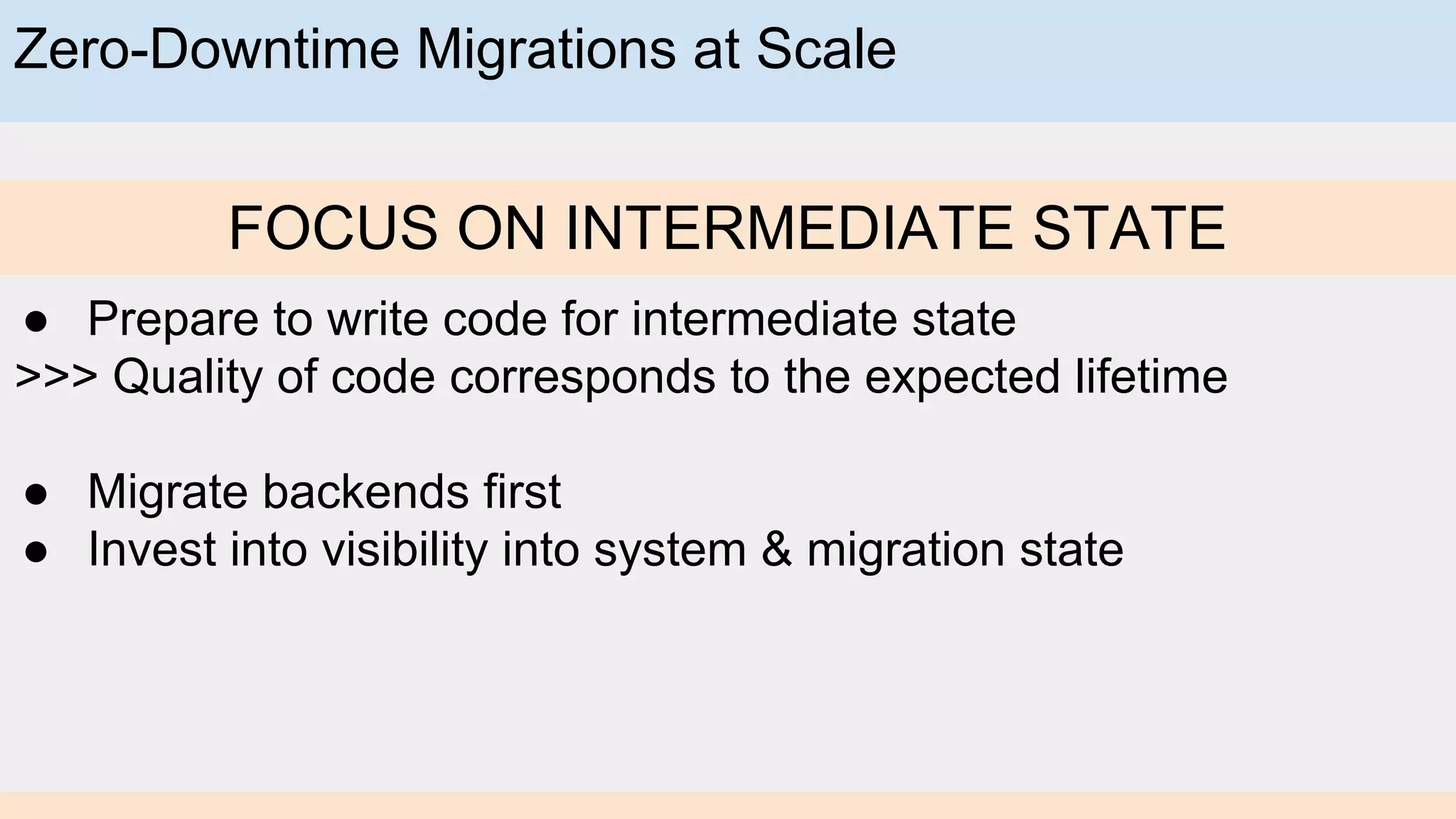 Zero-Downtime Migrations at Scale
FOCUS ON INTERMEDIATE STATE
● Prepare to write code for intermediate state
>>> Quality of code corresponds to the expected lifetime
● Migrate backends first
● Invest into visibility into system & migration state
 