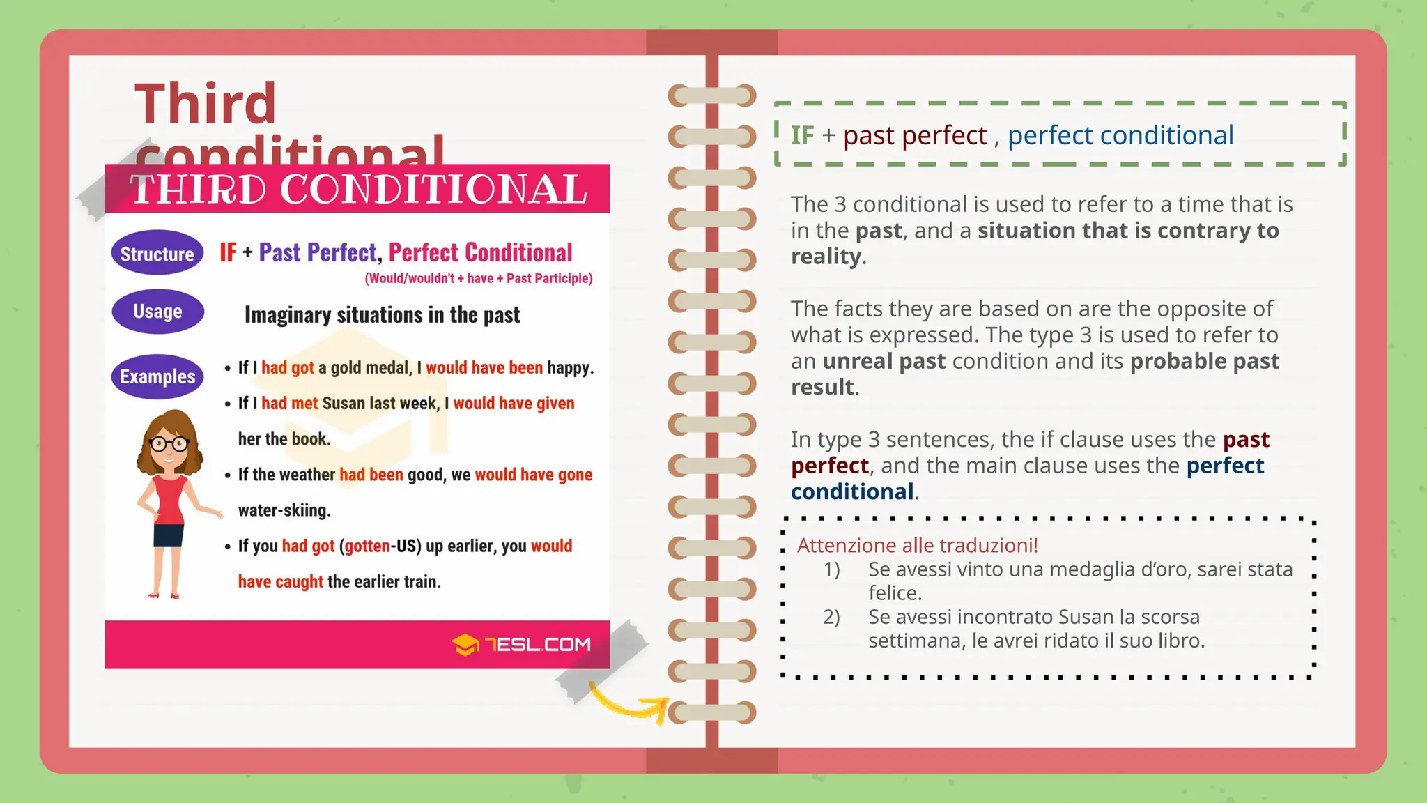 IF + past perfect , perfect conditional
Third
conditional
The 3 conditional is used to refer to a time that is
in the past, and a situation that is contrary to
reality.
The facts they are based on are the opposite of
what is expressed. The type 3 is used to refer to
an unreal past condition and its probable past
result.
In type 3 sentences, the if clause uses the past
perfect, and the main clause uses the perfect
conditional.
Attenzione alle traduzioni!
1) Se avessi vinto una medaglia d’oro, sarei stata
felice.
2) Se avessi incontrato Susan la scorsa
settimana, le avrei ridato il suo libro.
 