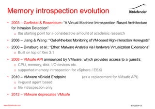 www.bitdefender.com 
8/25/2014• 15 
Memory introspection evolution 
•2003 –Garfinkel & Rosenblum: “A Virtual Machine Intro...
