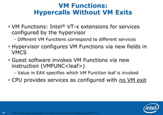 27 
VM Functions: Hypercalls Without VM Exits 
VM Functions: Intel®VT-x extensions for services configured by the hypervi...