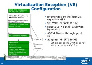 32 
Virtualization Exception (VE) Configuration 
Enumerated by the VMM via capability MSR 
Set VMCS “Enable VE” bit 
Ne...
