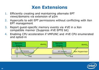 33 
Xen Extensions 
1.Efficiently creating and maintaining alternate EPT views/domains via extension of p2m 
2.Hypercalls ...