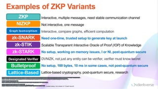 Examples of ZKP Variants
https://www.slideshare.net/arunta007/elliptic-curve-cryptography-and-zero-knowledge-proof-27914533?next_slideshow=1
https://www.youtube.com/watch?v=CKncw6mIMJQ&list=PLpr-xdpM8wG8DPozMmcbwBjFn15RtC75N
https://www.starkware.co/
http://zerocash-project.org/media/pdf/zerocash-extended-20140518.pdf
https://eprint.iacr.org/2017/1066.pdf, Bulletproofs
https://thexvid.com/video/O8QA6Nvg8RI/zcash-genesis-block.html, trusted setup, live stream of Zcash launch
ZKP
NIZKP
zk-SNARK
zk-STARK
Designated Verifier
Lattice-Based
Interactive, multiple messages, need stable communication channel
Not interactive, one message
Need one-time, trusted setup to generate key at launch
No setup, working on memory issues, I or NI, post-quantum secure
No setup, 188 bytes, 10 ms in some cases, not post-quantum secure
Lattice-based cryptography, post-quantum secure, research
Graph Isomorphism
zk-STIK
Bulletproof
Interactive, compare graphs, efficient computation
Scalable Transparent Interactive Oracle of Proof (IOP) of Knowledge
DVNIZK, not just any entity can be verifier, verifier must know secret
 