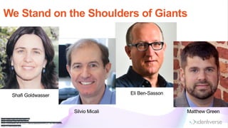 We Stand on the Shoulders of Giants
https://www.csail.mit.edu/user/733
https://people.csail.mit.edu/silvio/
https://cyberweek.tau.ac.il/2017/about/speakers/item/207-eli-ben-sasson
https://z.cash/team.html
Shafi Goldwasser Eli Ben-Sasson
Silvio Micali Matthew Green
 