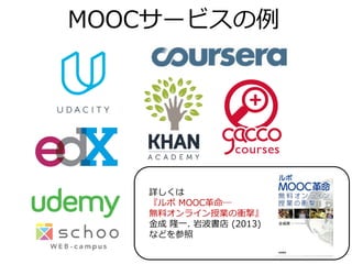 MOOCサービスの例
詳しくは
『ルポ MOOC革命―
無料オンライン授業の衝撃』
金成 隆一. 岩波書店 (2013)
などを参照
 