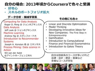 自分の場合: 2013年頃からCourseraで色々と受講
• 好奇心
• スキルのポートフォリオ拡大
Computing for Data Analysis
Roger D. Peng @ ジョンホプキンス大
Data Analysis
Jeff Leek @ ジョンホプキンス大
Machine Learning
Andrew Ng @ スタンフォード大
Introduction to Recommender
Systems
Joseph A. Konstan 他 @ ミネソタ大
Process Mining: Data science in
Action
Wil van der Aalst
@アイントホーフェン工科大
データ分析・機械学習系
• Linear and Discrete Optimization
• Model Thinking
• Developing Innovative Ideas for
New Companies: The First Step in
Entrepreneurship
• Gamification
• Introduction to Computational
Finance and Financial Econometrics
• Introduction to Galois Theory
• …
その他にも色々
自分は技術系のコースが多いけれど
法律・会計・歴史・音楽など
多様なコースが存在
 