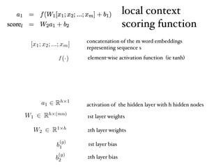 activation of the hidden layer with h hidden nodes
1st layer weights
2th layer weights
1st layer bias
2th layer bias
local context
scoring function
element-wise activation function (ie tanh)
concatenation of the m word embeddings
representing sequence s
 