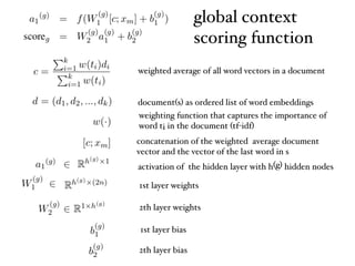 activation of the hidden layer with h(g) hidden nodes
1st layer weights
2th layer weights
1st layer bias
2th layer bias
concatenation of the weighted average document
vector and the vector of the last word in s
weighting function that captures the importance of
word ti in the document (tf-idf)
global context
scoring function
document(s) as ordered list of word embeddings
weighted average of all word vectors in a document
 