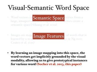 • Word vectors capture distributional similarities from a
large, unsupervised text corpus. [Word vectors create a
semantic space] (Huang et al. 2012)
• Images are mapped into a semantic space of words that is
learned by a neural network model (Coates & Ng 2011;
Coates et al. 2011)
• By learning an image mapping into this space, the
word vectors get implicitly grounded by the visual
modality, allowing us to give prototypical instances
for various word (Socher et al. 2013, this paper)
Visual-Semantic Word Space
Semantic Space
Image Features
 