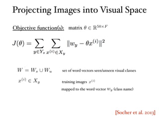 Projecting Images into Visual Space
Objective function(s):
[Socher et al. 2013]
training images
set of word vectors seen/unseen visual classes
mapped to the word vector (class name)
 