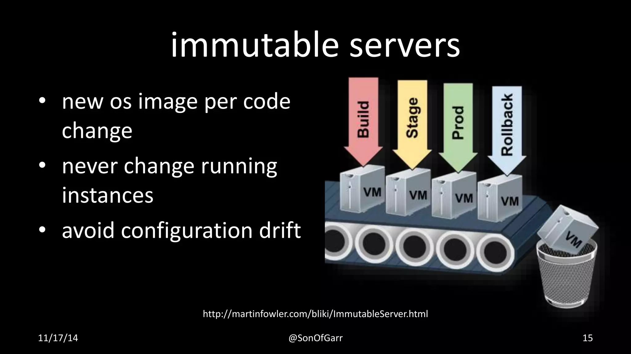 immutable servers 
• new os image per code 
change 
• never change running 
instances 
• avoid configuration drift 
http://martinfowler.com/bliki/ImmutableServer.html 
11/17/14 @SonOfGarr 15 
 
