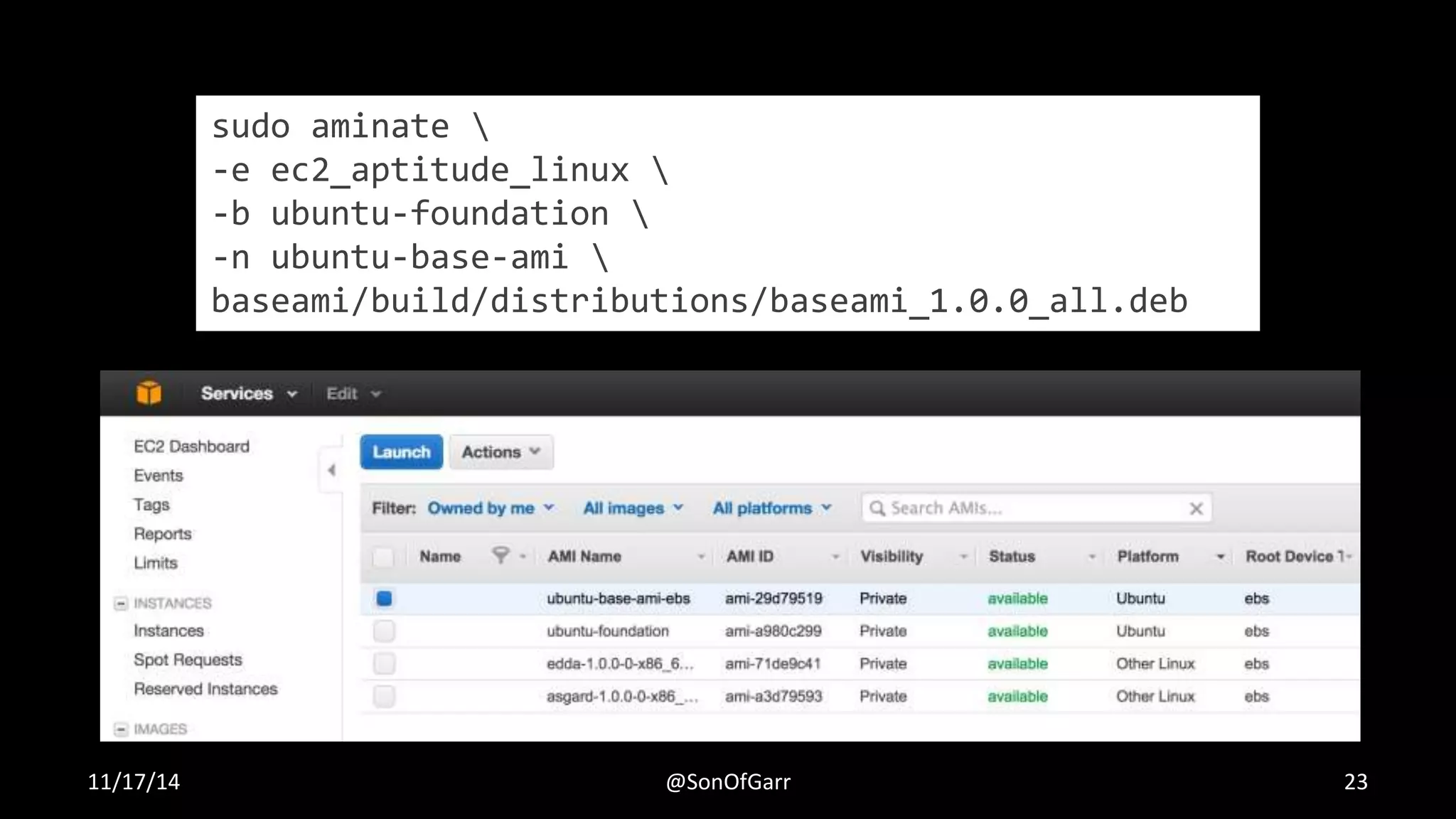sudo aminate  
-e ec2_aptitude_linux  
-b ubuntu-foundation  
-n ubuntu-base-ami  
baseami/build/distributions/baseami_1.0.0_all.deb 
11/17/14 @SonOfGarr 23 
 