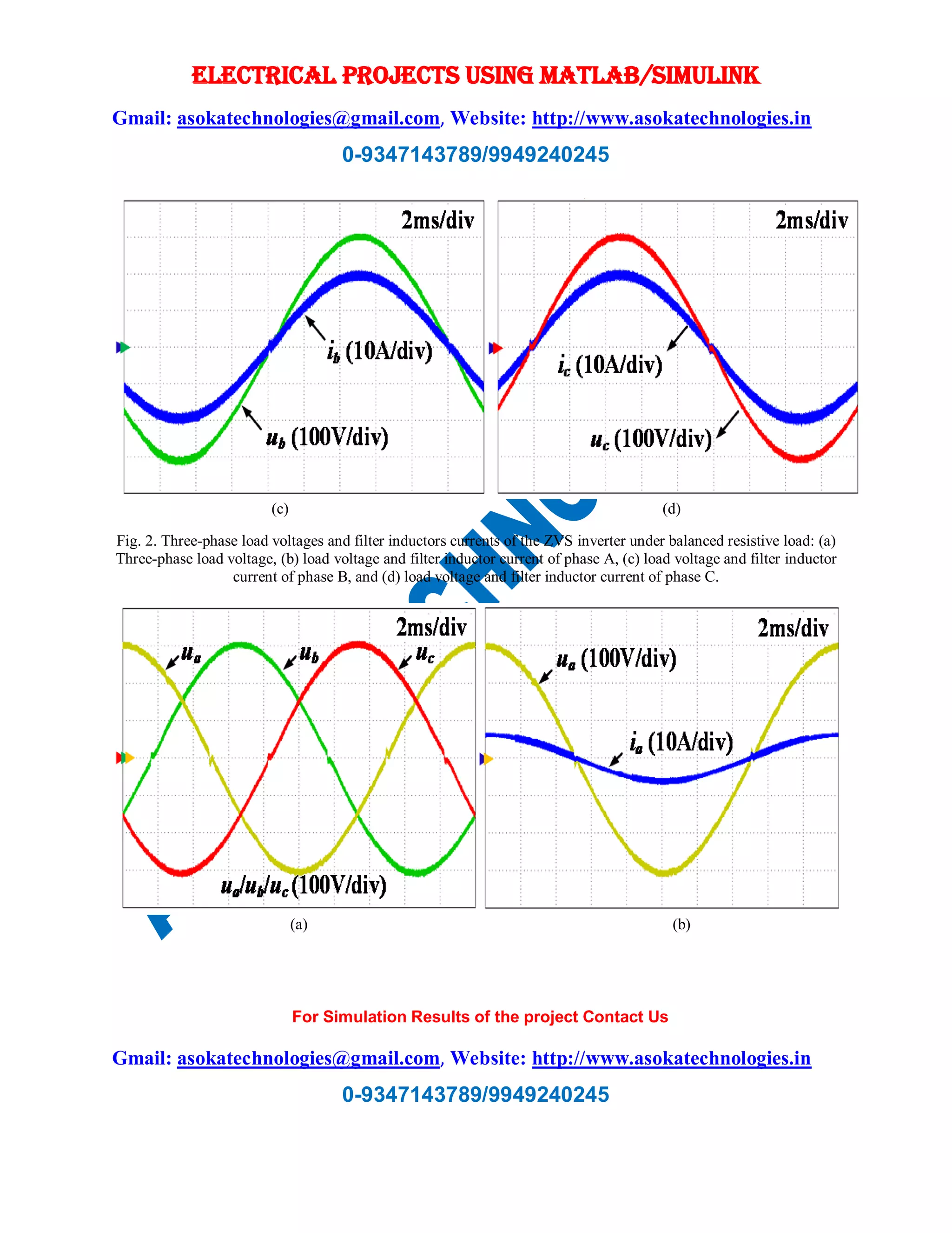 ELECTRICAL PROJECTS USING MATLAB/SIMULINK
Gmail: asokatechnologies@gmail.com, Website: http://www.asokatechnologies.in
0-9347143789/9949240245
For Simulation Results of the project Contact Us
Gmail: asokatechnologies@gmail.com, Website: http://www.asokatechnologies.in
0-9347143789/9949240245
(c) (d)
Fig. 2. Three-phase load voltages and filter inductors currents of the ZVS inverter under balanced resistive load: (a)
Three-phase load voltage, (b) load voltage and filter inductor current of phase A, (c) load voltage and filter inductor
current of phase B, and (d) load voltage and filter inductor current of phase C.
(a) (b)
 