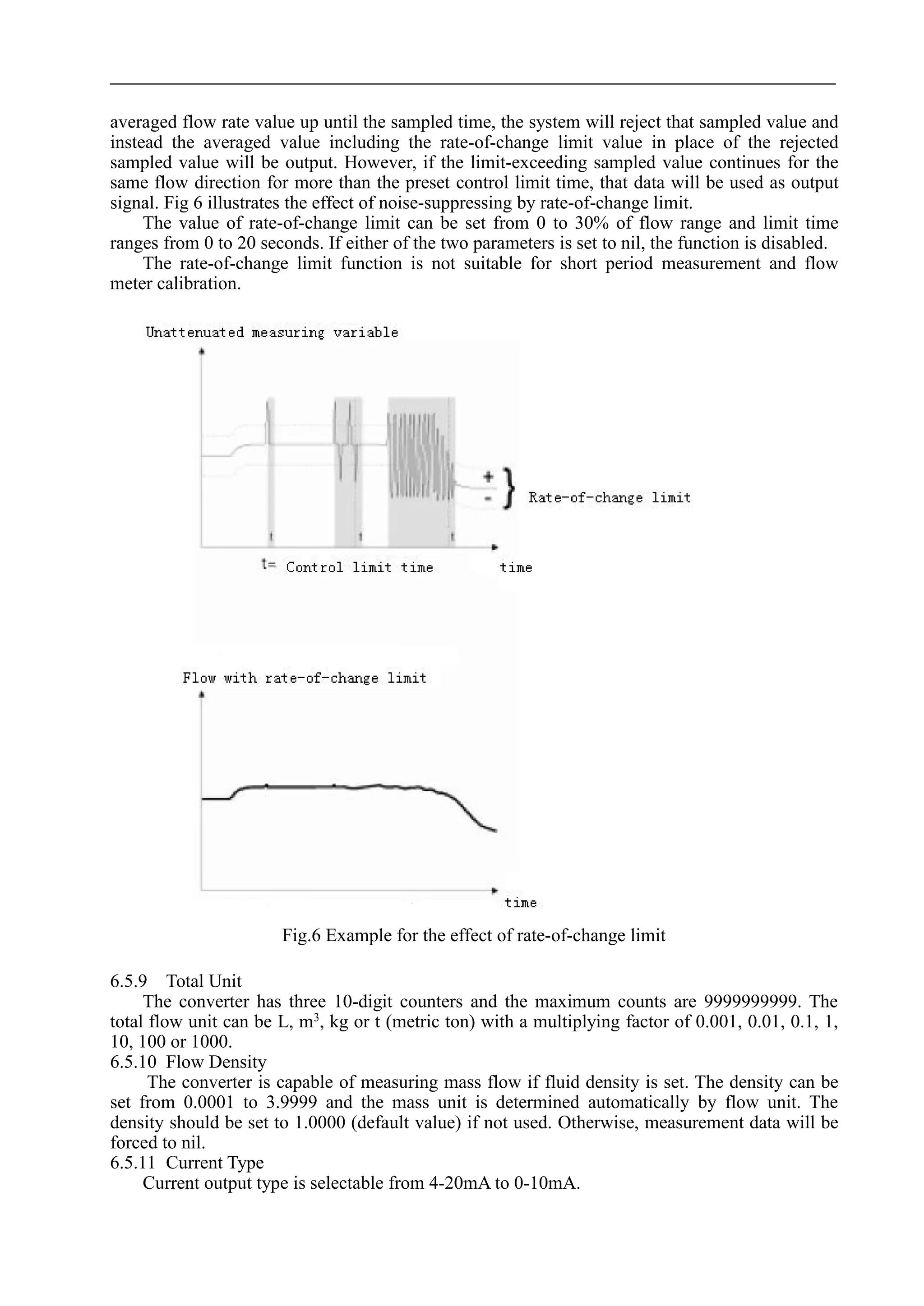 averaged flow rate value up until the sampled time, the system will reject that sampled value and
instead the averaged value including the rate-of-change limit value in place of the rejected
sampled value will be output. However, if the limit-exceeding sampled value continues for the
same flow direction for more than the preset control limit time, that data will be used as output
signal. Fig 6 illustrates the effect of noise-suppressing by rate-of-change limit.
The value of rate-of-change limit can be set from 0 to 30% of flow range and limit time
ranges from 0 to 20 seconds. If either of the two parameters is set to nil, the function is disabled.
The rate-of-change limit function is not suitable for short period measurement and flow
meter calibration.
Fig.6 Example for the effect of rate-of-change limit
6.5.9 Total Unit
The converter has three 10-digit counters and the maximum counts are 9999999999. The
total flow unit can be L, m3
, kg or t (metric ton) with a multiplying factor of 0.001, 0.01, 0.1, 1,
10, 100 or 1000.
6.5.10 Flow Density
The converter is capable of measuring mass flow if fluid density is set. The density can be
set from 0.0001 to 3.9999 and the mass unit is determined automatically by flow unit. The
density should be set to 1.0000 (default value) if not used. Otherwise, measurement data will be
forced to nil.
6.5.11 Current Type
Current output type is selectable from 4-20mA to 0-10mA.
 