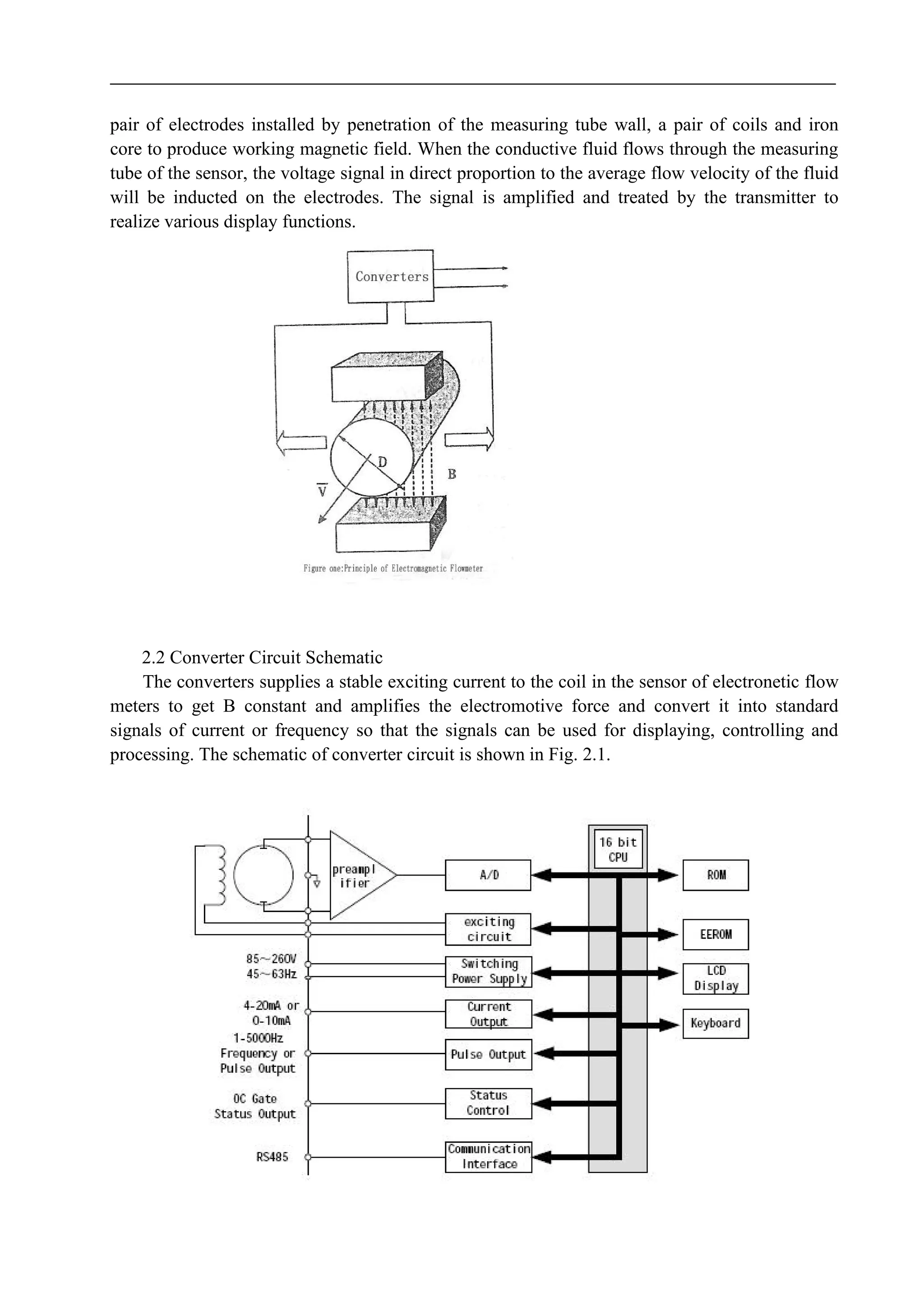 pair of electrodes installed by penetration of the measuring tube wall, a pair of coils and iron
core to produce working magnetic field. When the conductive fluid flows through the measuring
tube of the sensor, the voltage signal in direct proportion to the average flow velocity of the fluid
will be inducted on the electrodes. The signal is amplified and treated by the transmitter to
realize various display functions.
2.2 Converter Circuit Schematic
The converters supplies a stable exciting current to the coil in the sensor of electronetic flow
meters to get B constant and amplifies the electromotive force and convert it into standard
signals of current or frequency so that the signals can be used for displaying, controlling and
processing. The schematic of converter circuit is shown in Fig. 2.1.
 