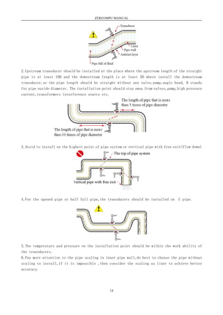 ZERO100PU MANUAL
14
2.Upstream transducer should be installed at the place where the upstream length of the straight
pipe is at least 10D and the downstream length is at least 5D where install the downstream
transducer,so the pipe length should be straight without any valve,pump,angle head, D stands
for pipe ouside diameter. The installation point should stay away from valves,pump,high pressure
current,transformers interference source etc.
3.Avoid to install on the highest point of pipe system or vertical pipe with free exit(flow down)
4.For the opened pipe or half full pipe,the transducers should be installed on U pipe.
5.The temperature and pressure on the installation point should be within the work ability of
the transducers.
6.Pay more attention to the pipe scaling in inner pipe wall,do best to choose the pipe without
scaling to install,if it is impossible ,then consider the scaling as liner to achieve better
accuracy.
 