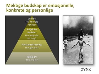 Mektige budskap er emosjonelle,
konkrete og personlige
            Verdier:
          Hva føler jeg
            for det?
           Subjektive
            fordeler:
          Hva betyr det
            for meg?

       Funksjonell mening:
          Hva gjør det?


            Funksjon:
           Hva er det?
 