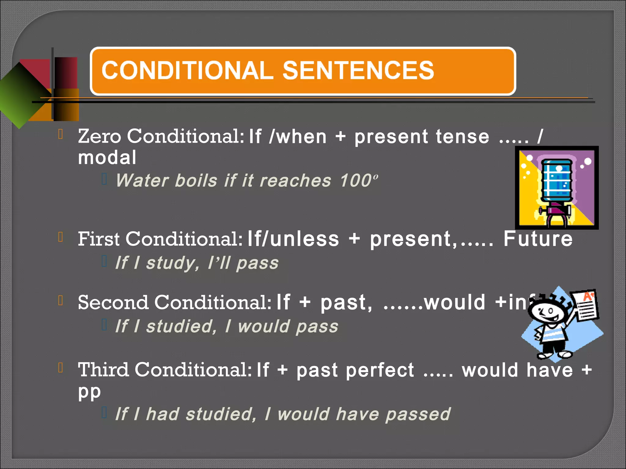  Zero Conditional: If /when + present tense ….. /
modal
 Water boils if it reaches 100º
 First Conditional: If/unless + present,….. Future
 If I study, I’ll pass
 Second Conditional: If + past, ……would +inf.
 If I studied, I would pass
 Third Conditional: If + past perfect ….. would have +
pp
 If I had studied, I would have passed
 