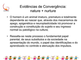 Experiências precoces podem alterar a expressão genética e afetar definitivamente o desenvolvimento.Novos estudos científicos mostram que as influências ambientais pode afetar se e como os genes são expressos;Assim, as velhas idéias de que os genes são imutáveis ou que só eles determinam o desenvolvimento humano têm sido contestadas;Na verdade, os cientistas descobriram que as primeiras experiências podem determinar como os genes são ligados e desligados e até mesmo se alguns são expressos;Experiências  precoces e os ambientes nos quais elas ocorrem modelam a arquitetura cerebral em desenvolvimento e afetam fortemente se as crianças crescerão saudáveis e serão membros produtivos da sociedade;Evidências científicas crescentes apóiam a necessidade imperativa da sociedade re-examinar a maneira como ela pensa sobre as circunstâncias e experiências que oferece e expõe suas crianças. NationalScientificCouncilontheDeveloping Child (2010). EarlyExperiencesCanAlter Gene ExpressionandAffectLong-Term DevelopmentWorkingPaper No. 10. Retrievedfromwww.developingchild.harvard.edu