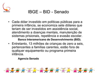 IBGE – BID - SenadoCada dólar investido em políticas públicas para a primeira infância, se economiza sete dólares que teriam de ser investidos em assistência social, atendimento a doenças mentais, manutenção de sistemas prisionais, repetência e evasão escolar. 		Banco Interamericano de Desenvolvimento (BID).Entretanto, 13 milhões de crianças de zero a seis, pertencentes a famílias carentes, estão fora de qualquer equipamento ou programa primeira infância. Agencia Senado