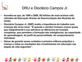 DRU e Dioclécio Campos Jr.Acredita-se que, de 1998 a 2008, 80 bilhões de reais tenham sido retirados da Educação através da Desvinculação das Receitas da União;Dioclécio Campos Jr. (SBP) avalia a importância do trabalho com crianças até cinco anos: “É quando o cérebro humano cresce quase que integralmente e sua estrutura se diferencia em funções complexas, que permitem a formação das inteligências, da capacidade de aprendizagem, do perfil da personalidade, do comportamento individual;Deixar de garantir esses cuidados à primeira infância prejudica a criança e reduz os resultados dos investimentos em educação nas etapas de vida seguintes”.
